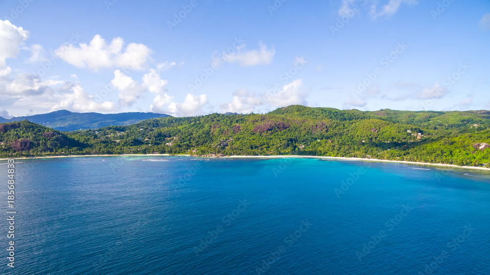 Aerial view: Coastline of Mahé Island, Seychelles