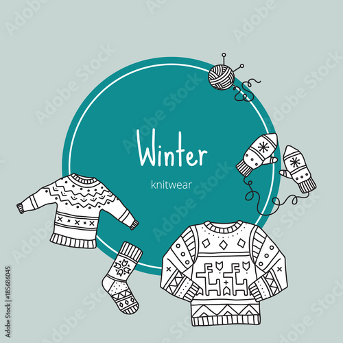 Winter clothes, banner with knitted goods
