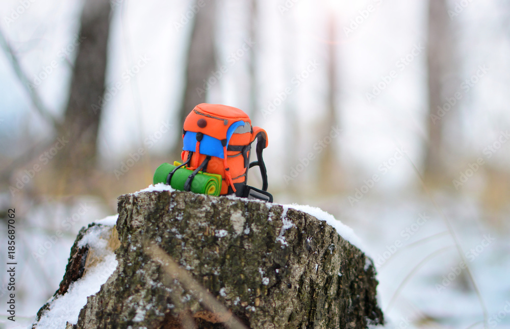 Concept of tourism and travel. Camping in a cold weather with snow.