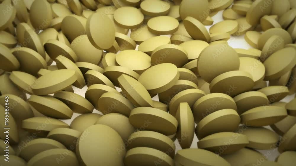 Yellow Medical Pills, falling on a white Background, with a rotating Camera around it, stopping after a while (3D Rendering) Yellow Medical Pills, falling on a white Background, with a rotating Camera around it, stopping after a while (3D Rendering)
