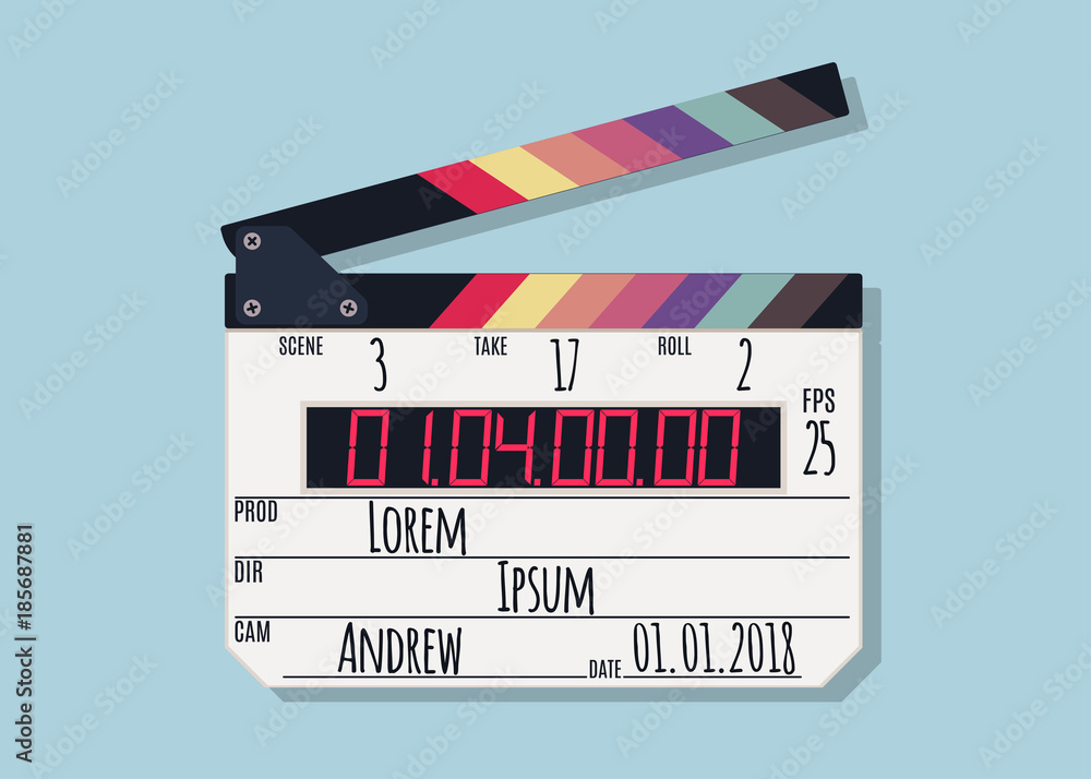 Clapper board isolated on blue background. Clapper board with LED display, filmmaking device. Vector illustration