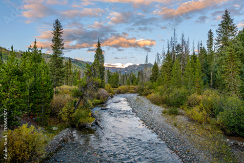 Sunset Mountain Creek - An autumn sunset view of Middle Fork Elk River flowing through Rocky Mountains in Routt National Forest, near Steamboat Springs, Colorado, USA.
