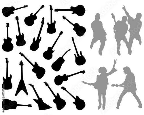 Black silhouettes of different guitars on a white background