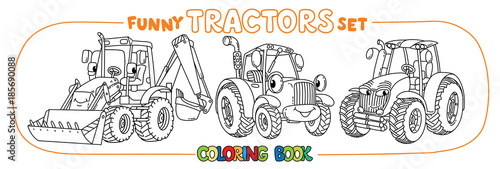 Funny small tractor set with eyes. Coloring book