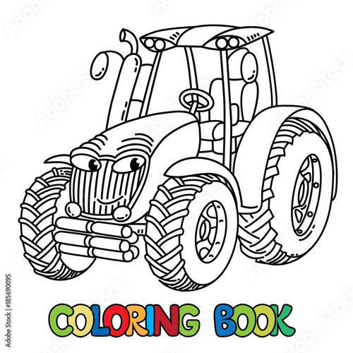 Funny small tractor with eyes. Coloring book