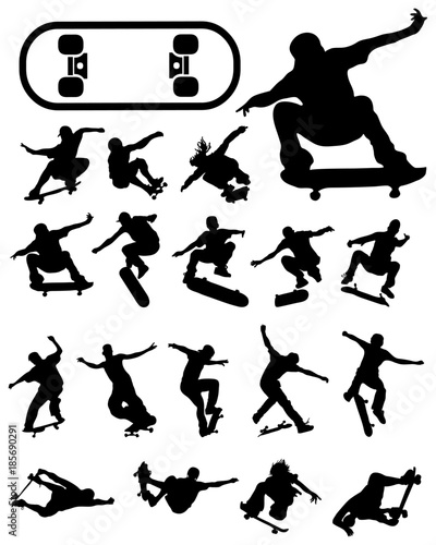 Black silhouettes of skate jumpers on a white background