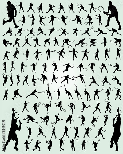 Black silhouettes of tennis players on a green background