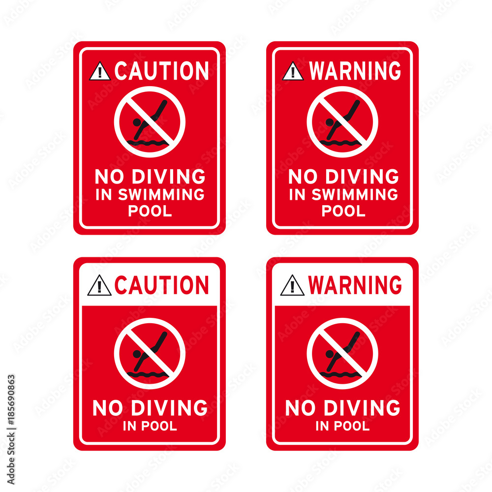 No diving dive plunge duck nosedive shallow water pool sign set No diving dive plunge duck nosedive shallow water pool sign set