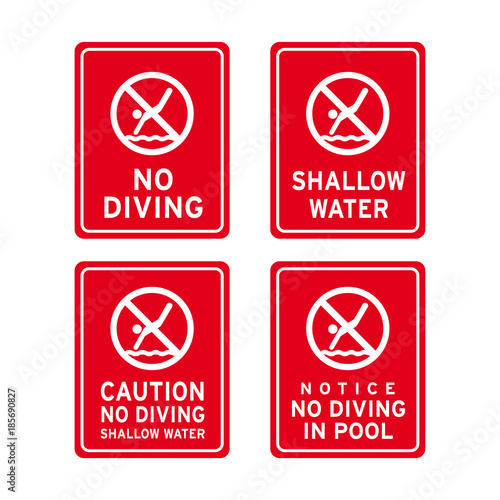 No diving dive plunge duck nosedive shallow water pool sign set