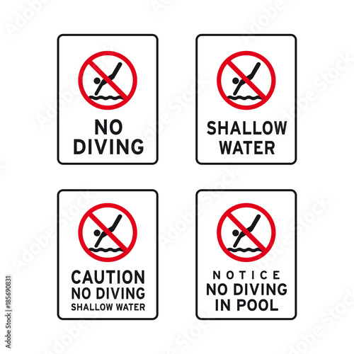 No diving dive plunge duck nosedive shallow water pool sign set