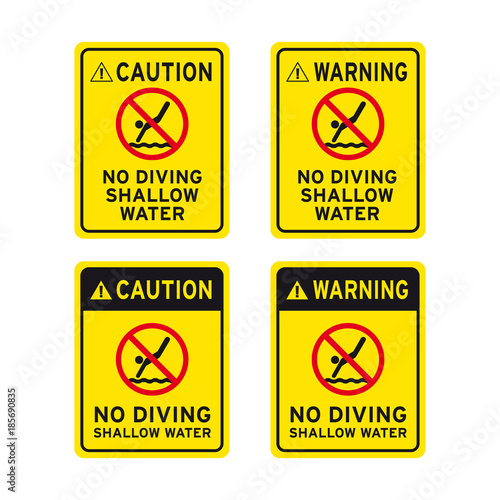 No diving dive plunge duck nosedive shallow water pool sign set