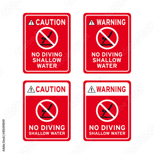 No diving dive plunge duck nosedive shallow water pool sign set