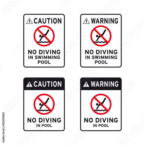 No diving dive plunge duck nosedive shallow water pool sign set