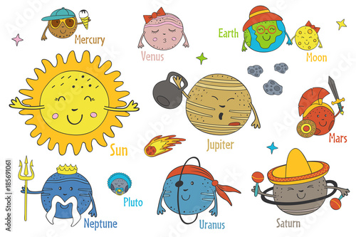 
set of isolated cartoon funny planets of the solar system - vector illustration, eps

