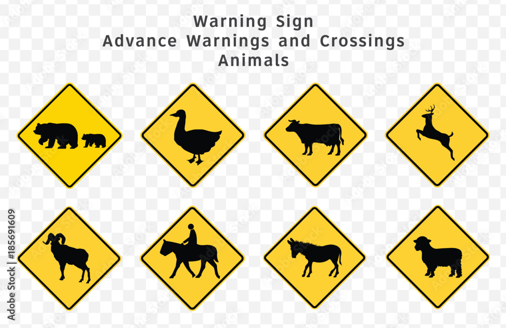 Road sign. Warning. Advance Warnings and Crossings. Animals. Vector illustration on transparent background Road sign. Warning. Advance Warnings and Crossings. Animals. Vector illustration on transparent background