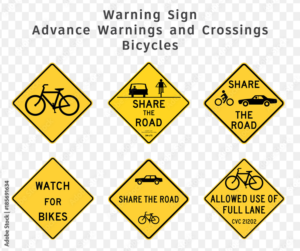 Road sign. Warning. Advance Warnings and Crossings. Bicycles. Vector illustration on transparent background Road sign. Warning. Advance Warnings and Crossings. Bicycles. Vector illustration on transparent background
