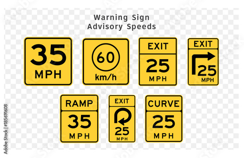 Road sign. Warning. Advisory Speeds.  Vector illustration on transparent background