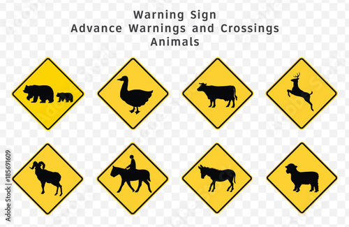 Road sign. Warning. Advance Warnings and Crossings. Animals.  Vector illustration on transparent background