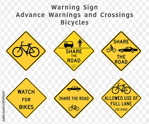 Road sign. Warning. Advance Warnings and Crossings. Bicycles.  Vector illustration on transparent background