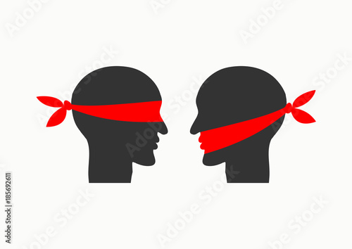 Mouth tied, blindfolded.