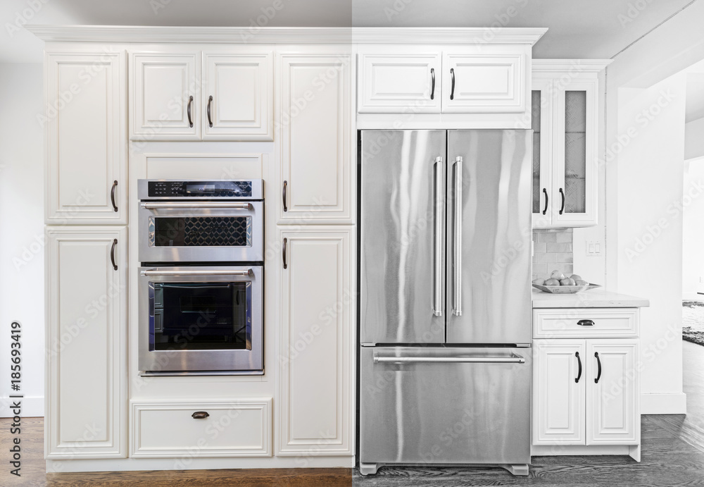 Fototapeta premium Architectural Drawing of Kitchen with appliances - Illustration Drawing from Split screen to Photograph