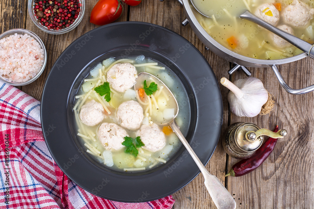 Chicken soup with vermicelli and meatballs Chicken soup with vermicelli and meatballs