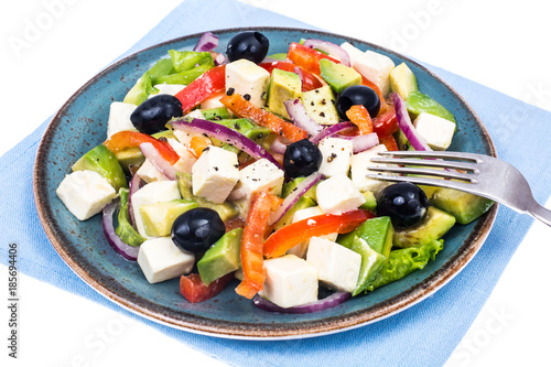 Greek salad with feta, avocado and black olives