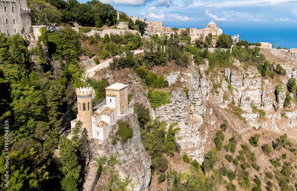 View of little castle Torretta Pepoli and Church of St. John the Baptis in Erice, province of Trapani in Sicily, Italy