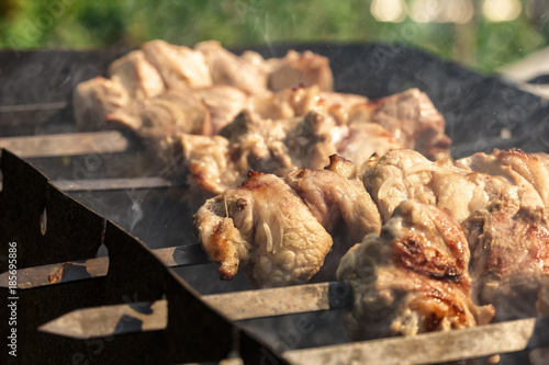 Smoke rises above pieces of meat on skewers roasting on the grill. Shish kebab, bbq, pork.