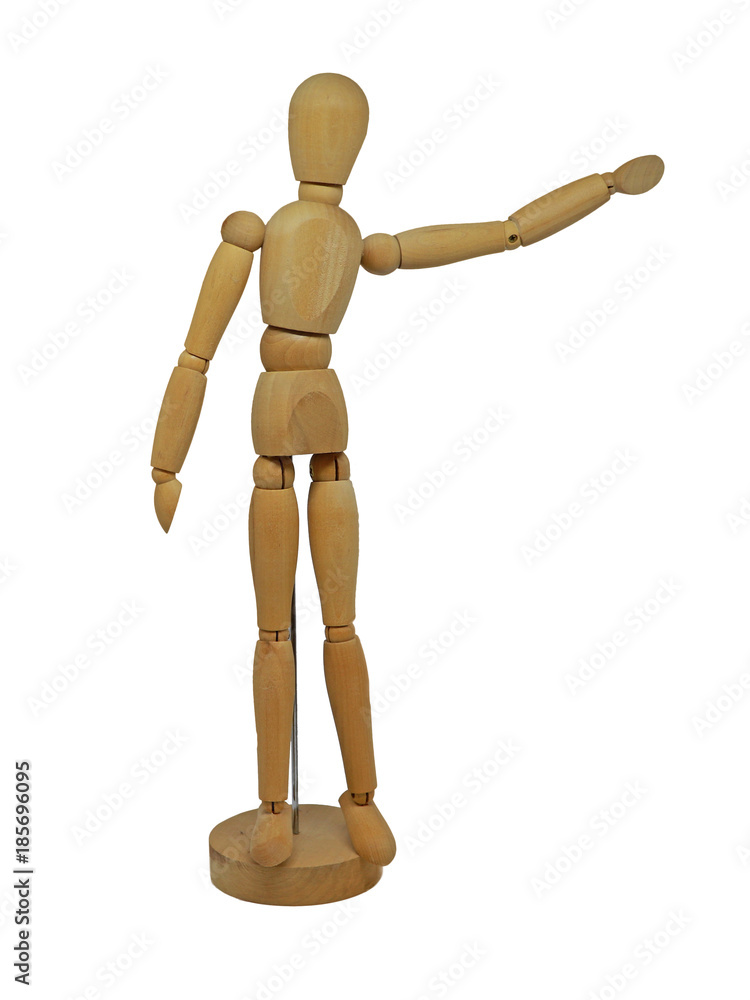 Wooden Figurine with Arm Pointing Isolated on White Background Wooden Figurine with Arm Pointing Isolated on White Background