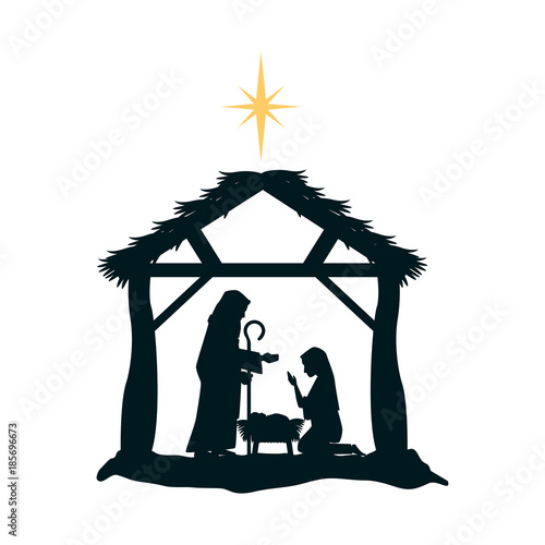 holy family silhouette in stable christmas characters vector illustration design