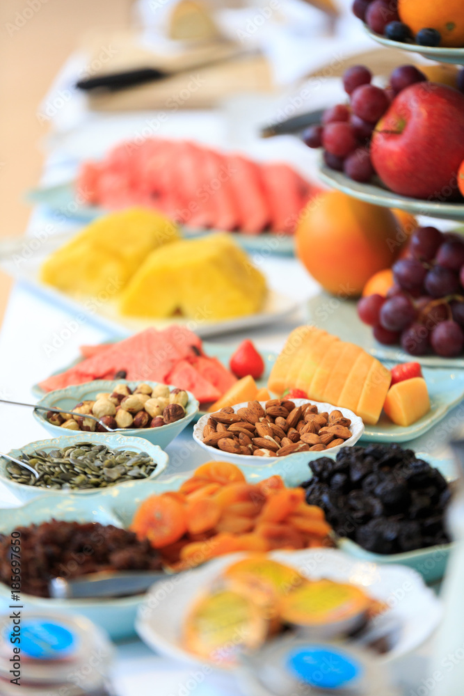 Hotel breakfast buffet closeup. Hotel breakfast buffet closeup.