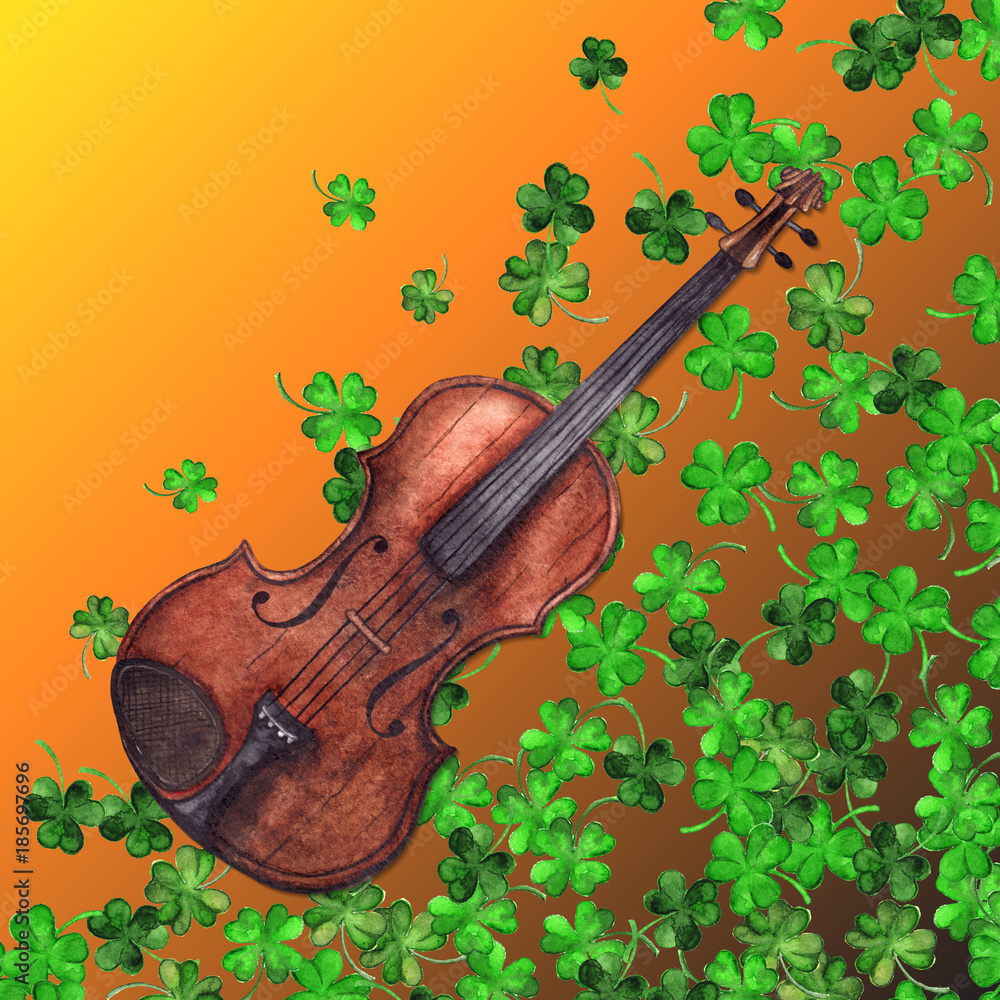 Fototapeta Watercolor wooden vintage violin fiddle musical instrument clover shamrock leaf plant pattern background