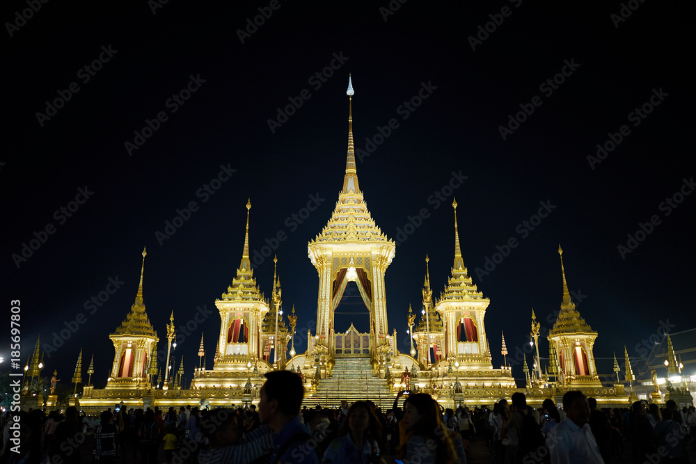 Fototapeta premium Bangkok, Thailand - December 22, 2017 : The Royal Crematorium for King Bhumibol Adulyadej at Sanam Luang prepared to be used as The royal funeral Cremation Ceremony Bangkok Thailand Pra May Ru Maat