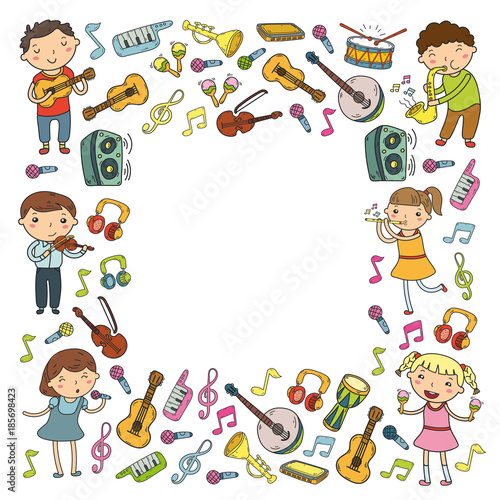 Music school for kids Vector illustration Children singing songs, playing musical instruments Kindergarten Doodle icon collection Illustration for children music lesson