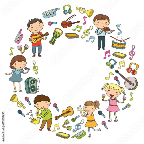 Music school for kids Vector illustration Children singing songs, playing musical instruments Kindergarten Doodle icon collection Illustration for children music lesson