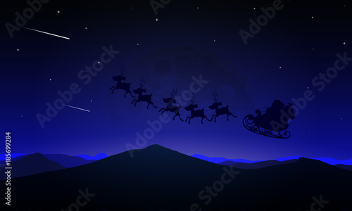 Night landscape of a Santa Claus flying over the moon