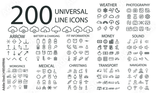 200  line icons set of weather, cloud, photography, arrow, battery and charging, fitness info, money, sound, workspace, medical, christmas, transport and navigation photo