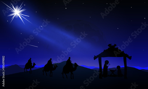 The night landscape of Jesus Mary Joseph and the three wise men