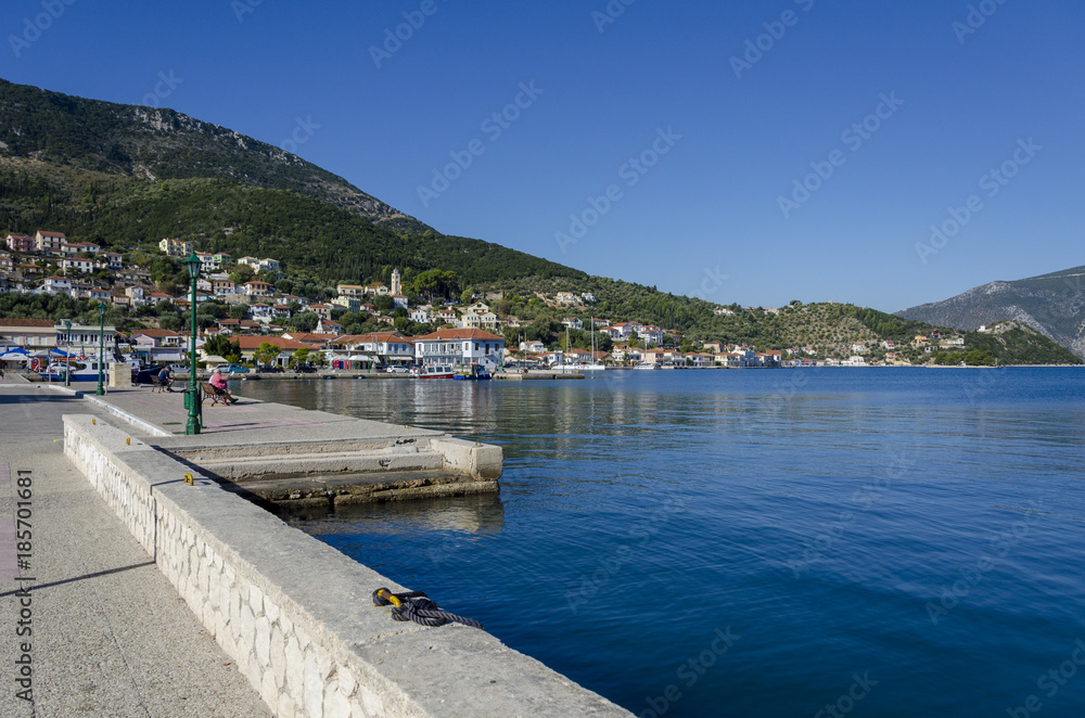 View of the dock and port of Vathy on the island of Ithaka