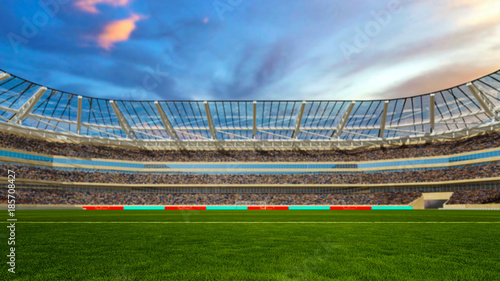 Photography soccer field with lights and spectors panorama 3d rendering