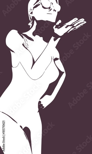 Girl who sends an air kiss. Beautiful sexy fitness woman wearing swimsuit and sunglasses. Half turn view.