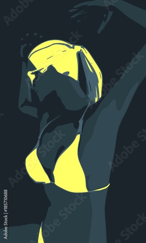Beautiful sexy dancing girl. Pretty woman silhouette. Half turn view.