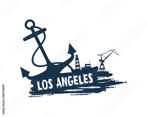 Anchor, lighthouse, ship and crane icons on brush stroke. Calligraphy inscription. Los Angeles cargo port name.