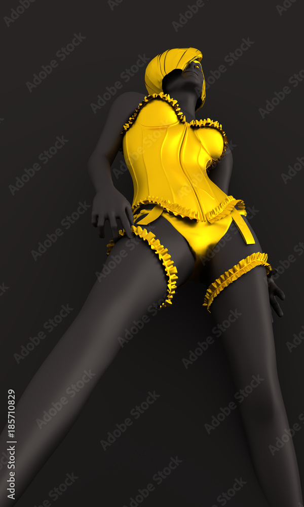 Beautiful sexy fitness girl. Pretty woman wearing yellow lingerie and garter. Front view. 3d rendering.