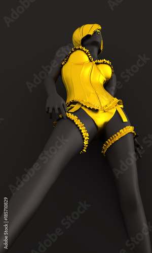Beautiful sexy fitness girl. Pretty woman wearing yellow lingerie and garter. Front view. 3d rendering. © JEGAS RA