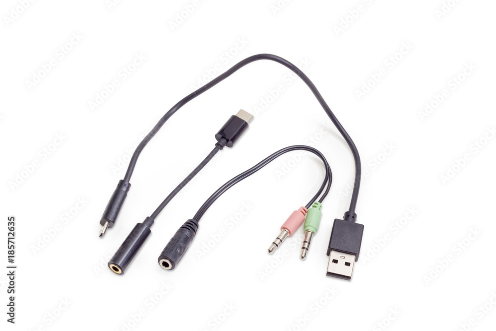 Different audio and USB cables on a white background Different audio and USB cables on a white background