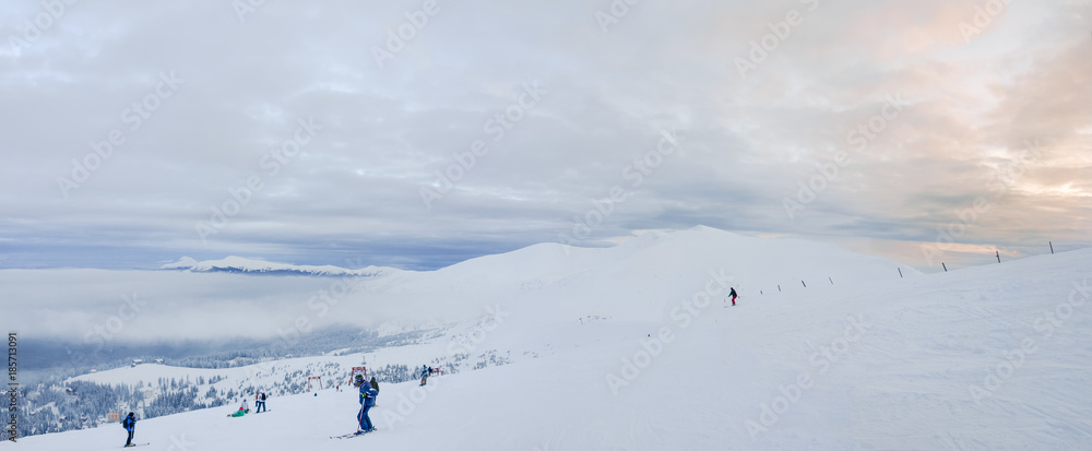 Ski piste on treeless mountain slope in Carpathians