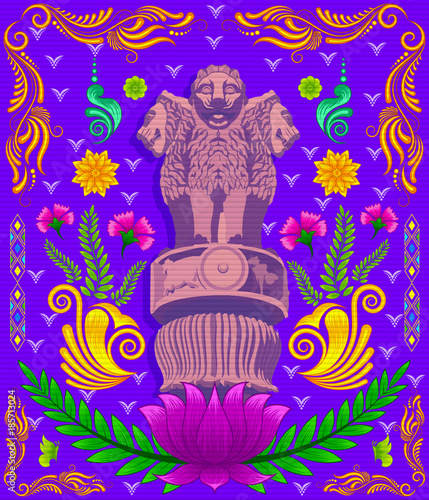 Indian monument pillar of Ashoka with indian style design and floral pattern