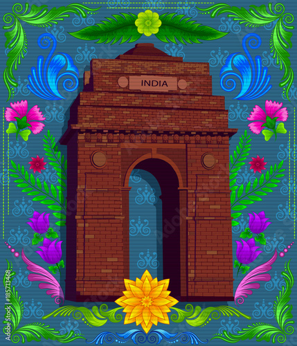 Indian monument india gate with indian style design and floral pattern